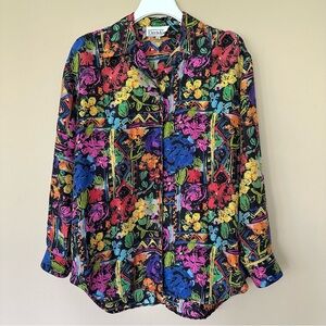 Vtg 1980s / 90s Bright Artsy Silk Button Shirt Women M Floral Painting Abstract
